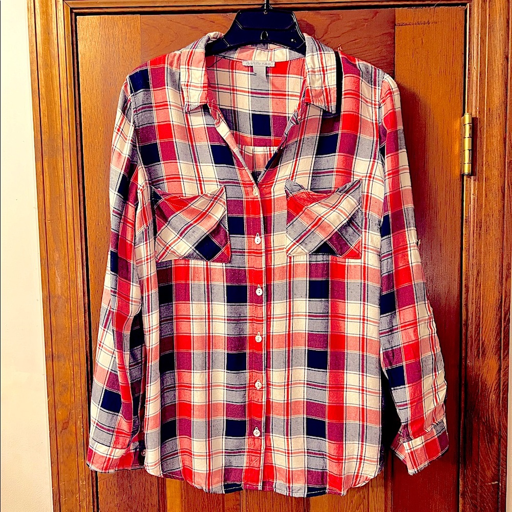 Red, White, & Blue Womens Button Down Plaid Blouse